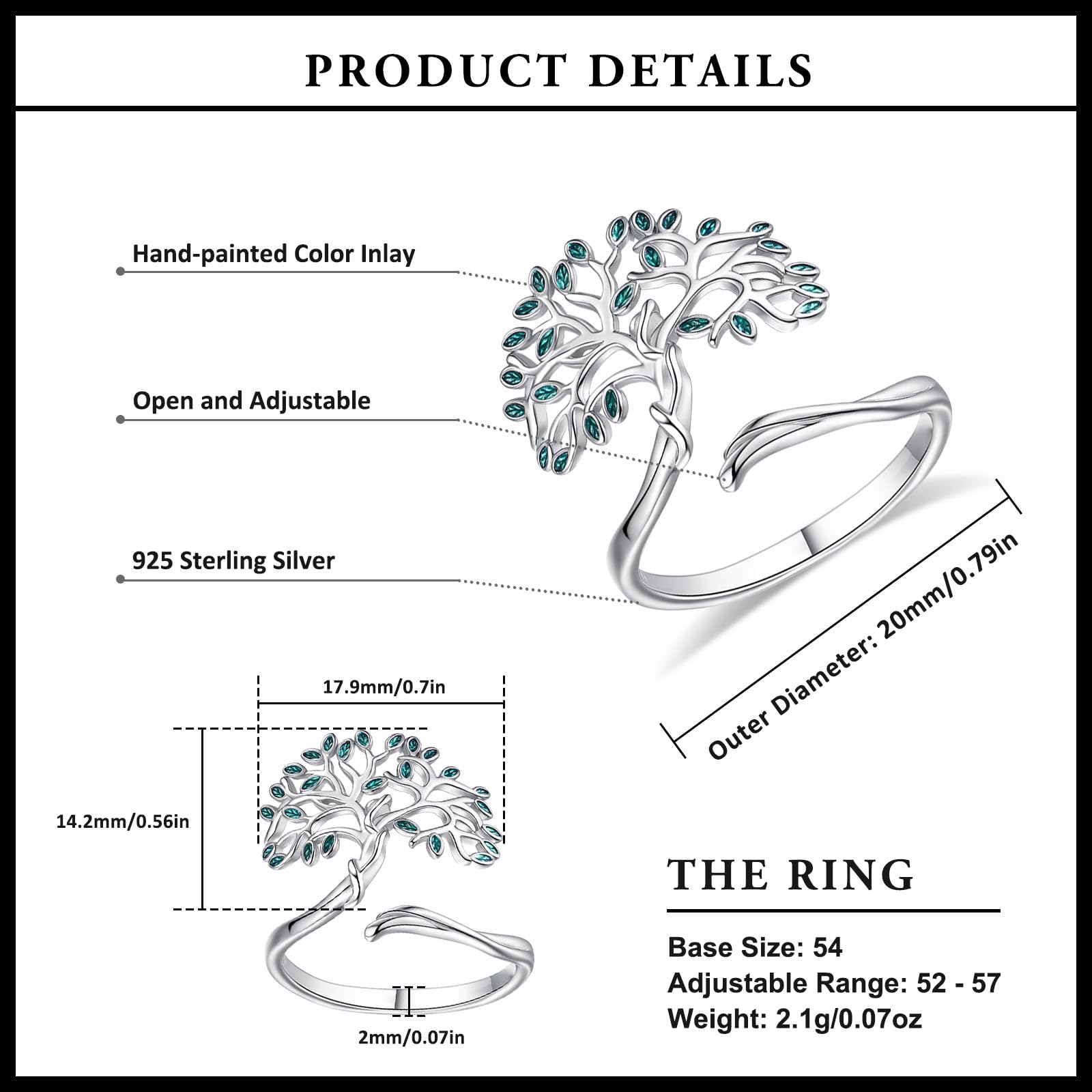AEONSLOVE Anillo Piedra Lunar Ajustable Plata de Ley 925 para Mujer Niña, Anillo Abiertos Arbol de la Vida/Claddagh/Abrazo/Pluma, Anillos Nudo de Bruja/Hojas Triple Luna Hécate