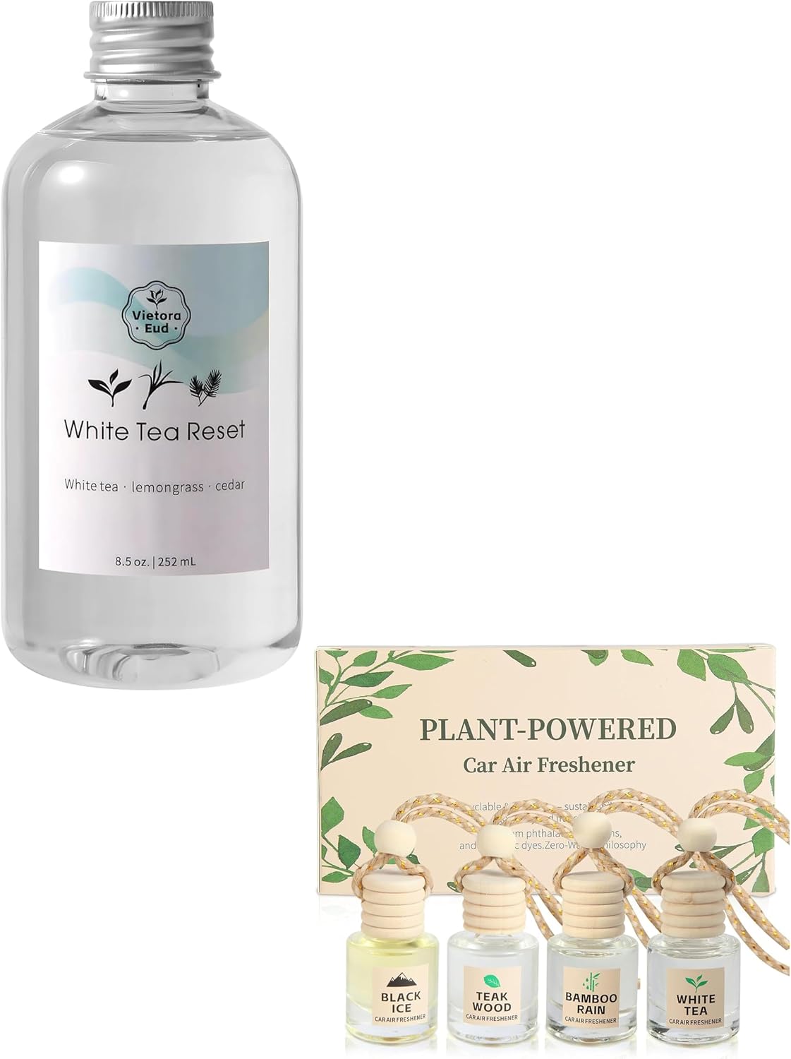 Car Air Freshener Oil Diffuser (4 Scents) & 100% Natural White Tea Essential Oil Refill for Home & Office