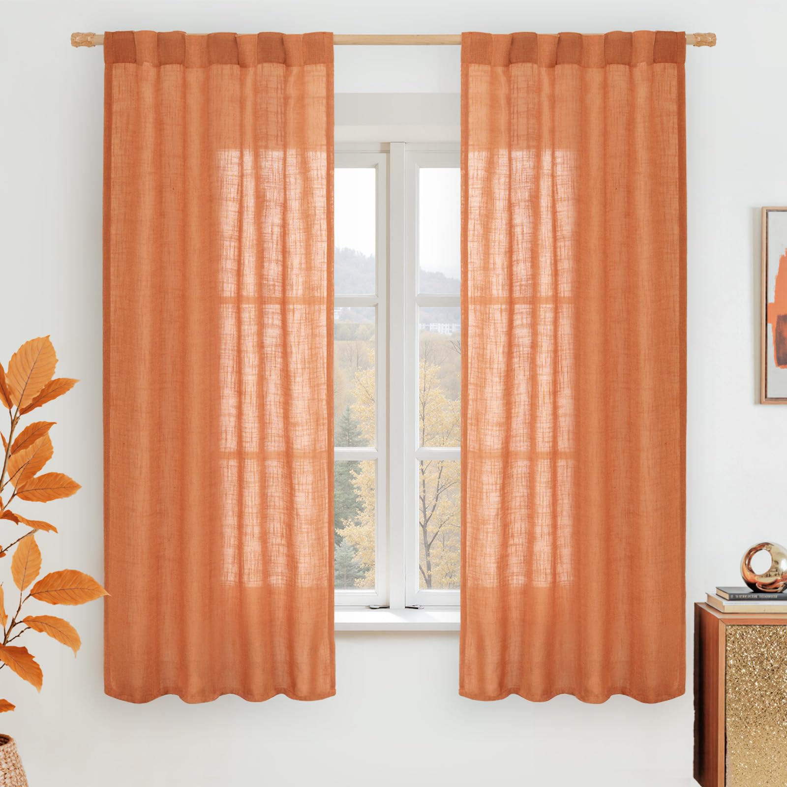 LAMIT Burnt Orange Semi Sheer Window Linen Curtains 63 Inch Length, Light Filtering Panels Back Tab and Rod Pocket Country Decor Drapes for Bedroom/Living Room, 2 Panels, 34 x 63 Inch
