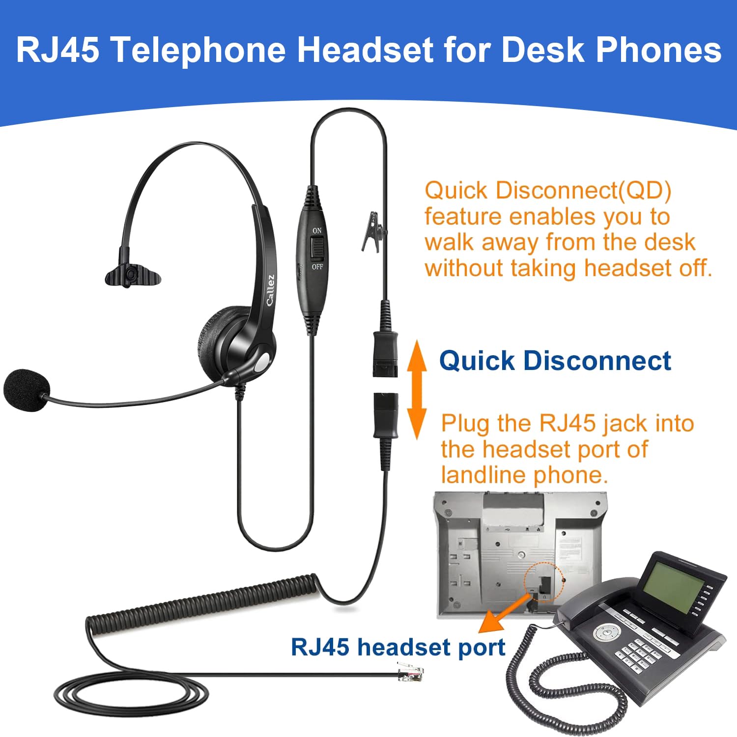 Callez RJ45 Casque Téléphone Fixe Mono avec Micro Anti-Bruit & Quick Disconnect, Casque Téléphonique Filaire Compatible avec Siemens Unify Openstage 30 40 60 80 Mitel/Aastra 5370 6867i 6773 Téléphone