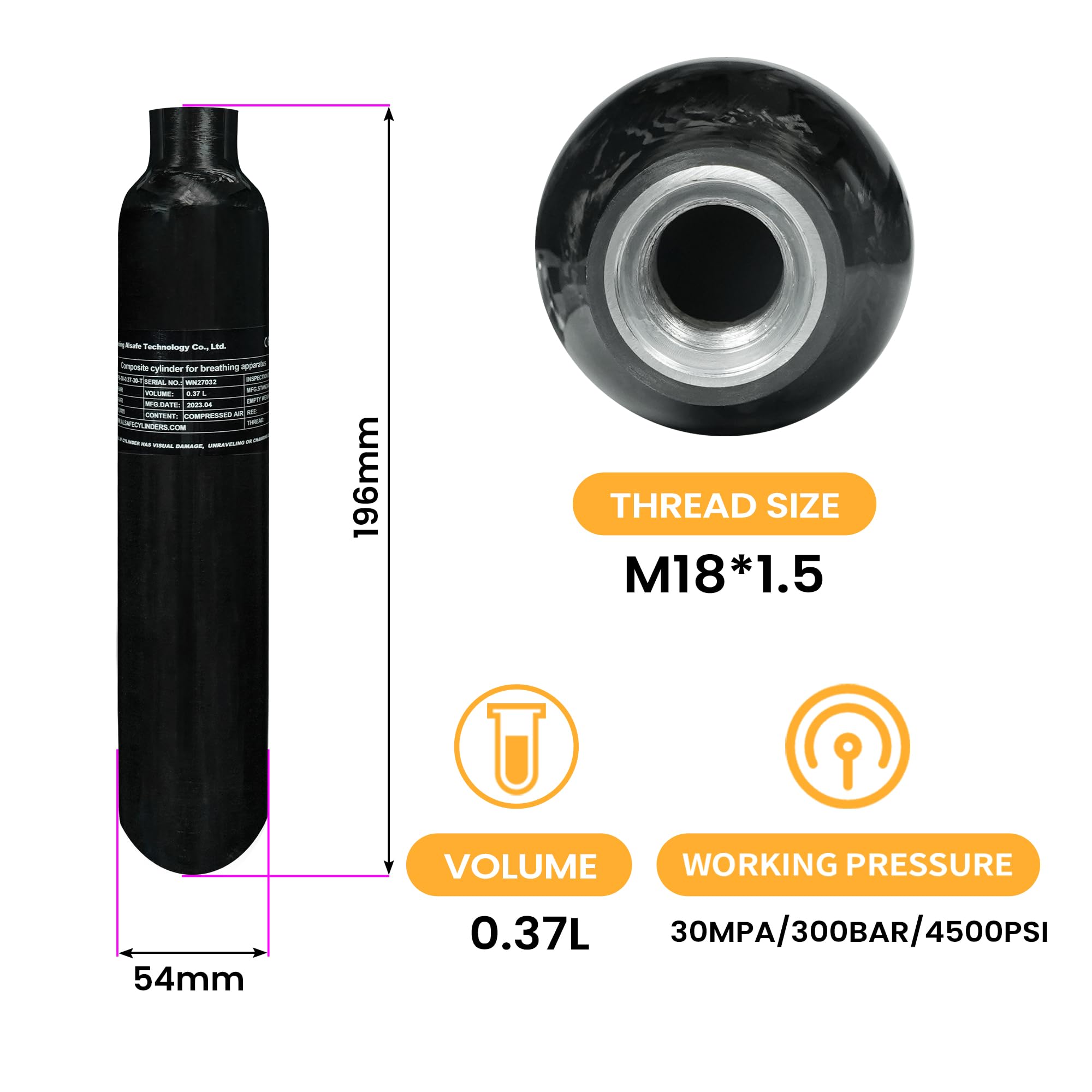 Bouteille Air Comprimé 0,5L - 4500psi - Filetage 5/8-18UNF - Pour PCP Et Paintball