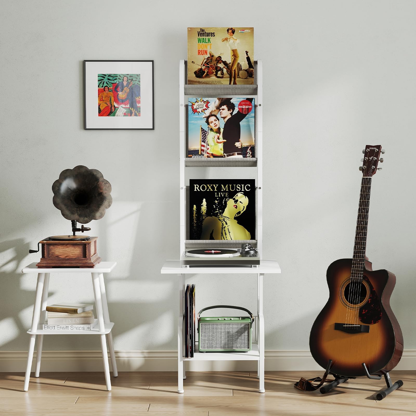 RELAX4LIFE Supporto per Giradischi, Scaffale Esposizione Vinili a 5 Livelli, Telaio in Metallo, Supporto per Giradischi con Porta Vinili, 50 x 51 x 145 cm (Bianco)
