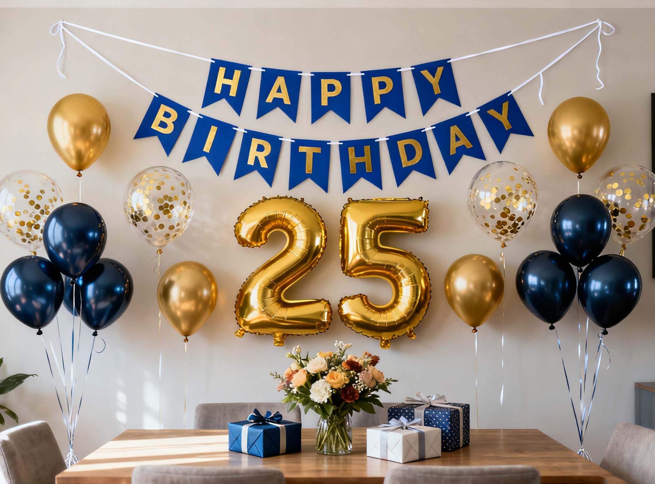 25th Birthday Party Decorations for Men Women, Navy Blue Happy Birthday Banner Gold 25th Foil Latex Metallic Confetti Balloons for Him Her 25 Years