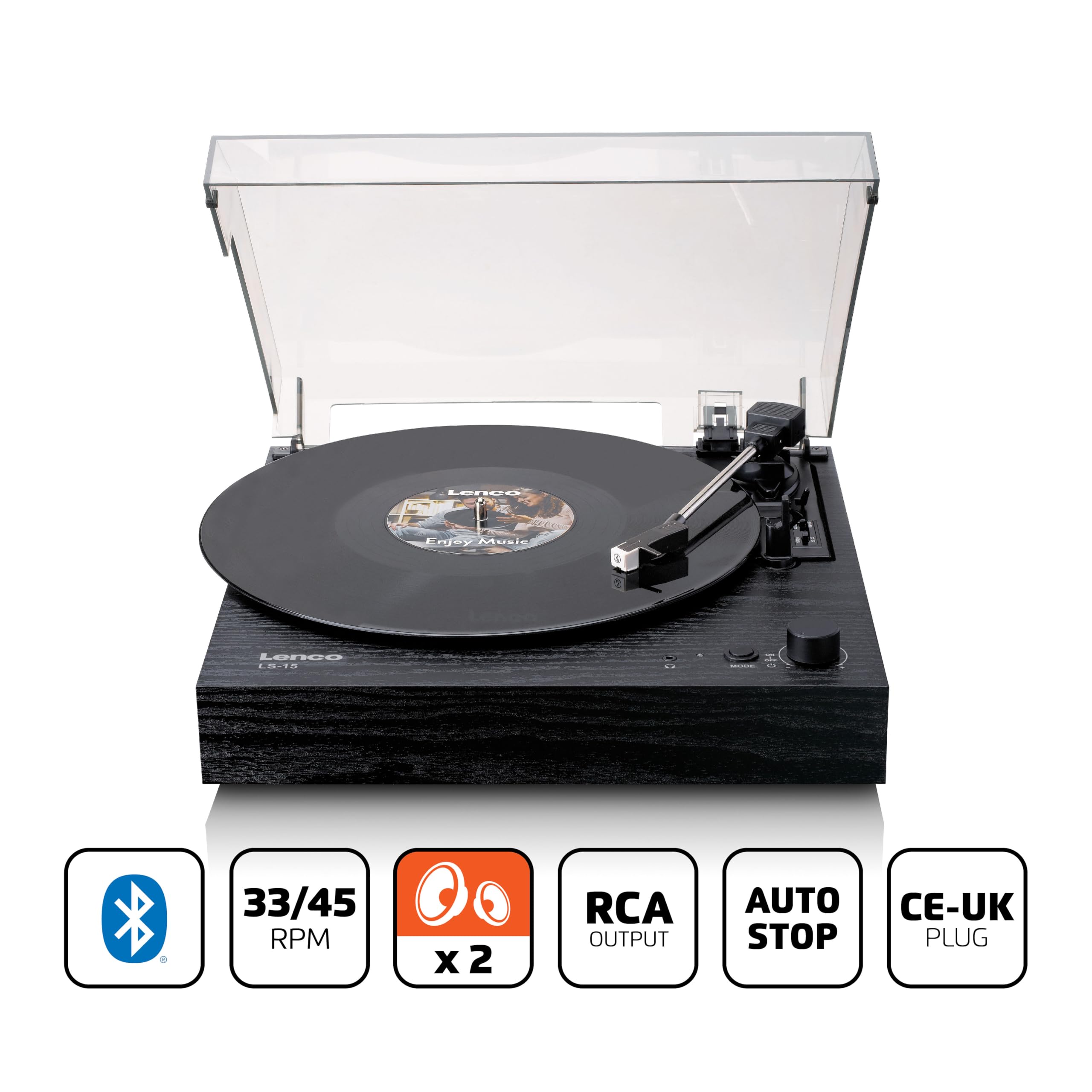Lenco LS-15BK Giradischi Bluetooth 2 Altoparlanti Integrati Pickup AT3600L Cinghia Auto-Stop 33/45 Giri AUX RCA Nero
