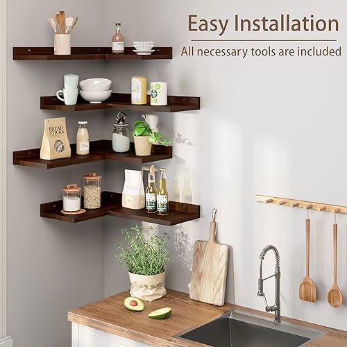 Miniatura 4 de Juego de 4 estantes de esquina flotantes de 4 niveles, estante de pared flotante de madera de pino rústico para almacenamiento de decoración de