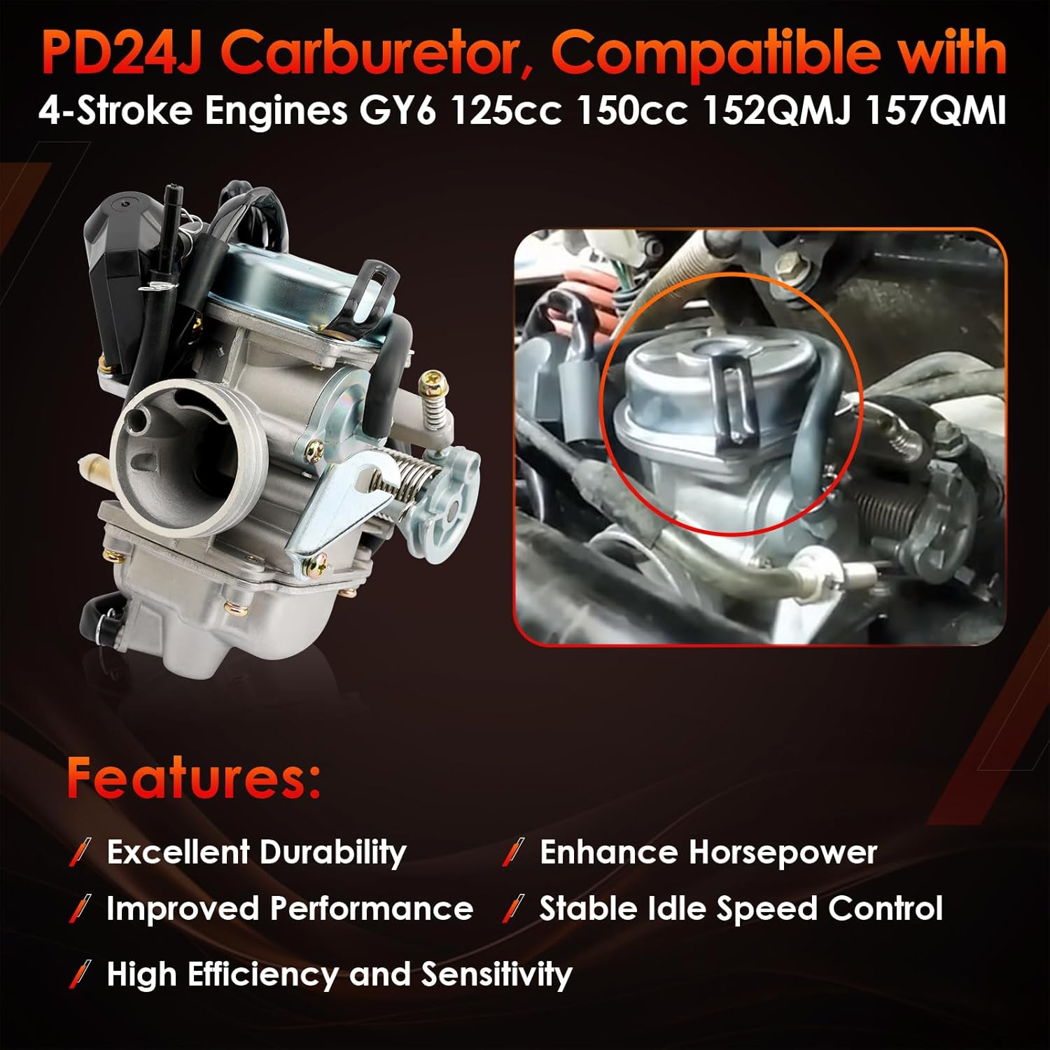 PD24J Carburetor, Compatible with 4-Stroke Engines GY6 125cc 150cc 152QMJ 157QMI ATV Quad Bike 4 Wheeler Dune Buggy Go Kart Moped Scooter Manifold Intake 24mm Carb