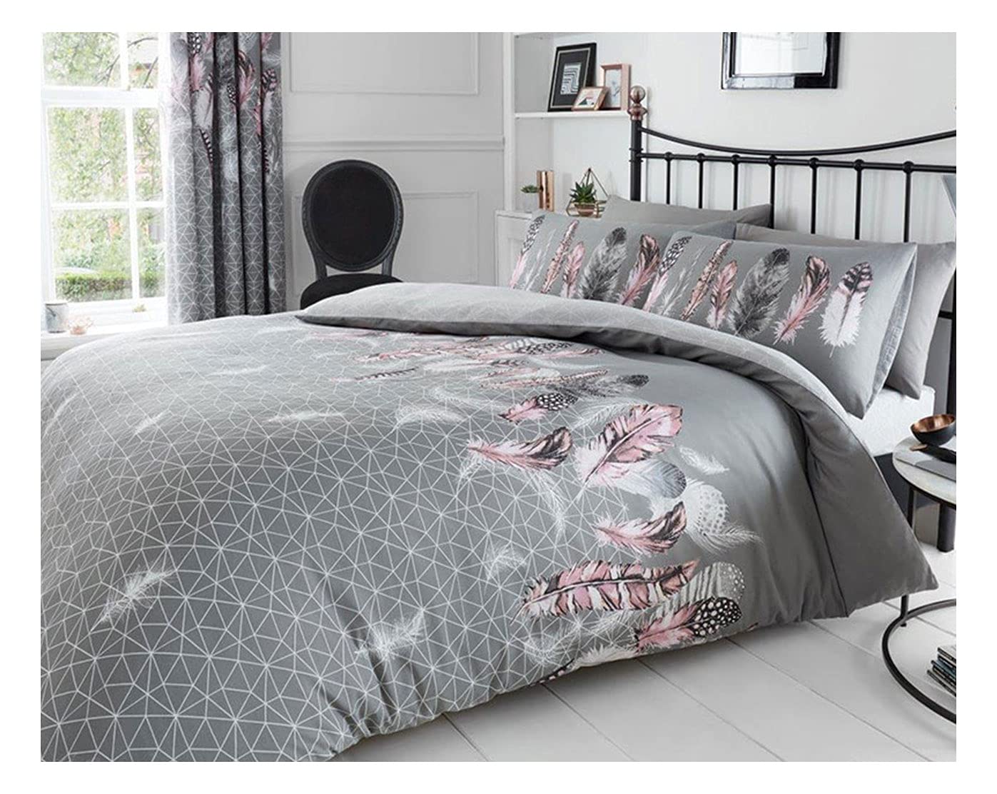 Fairwayuk Grey Fairwauk Feathers Bedding Bed Set - Single Duvet Cover With Matching Pillowcase, Ultra Soft Reversible Easy Care Quilt Covers, Poly Cotton, 137X200cm