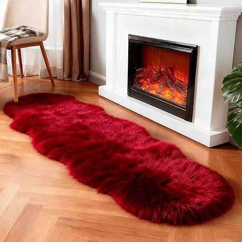 Alfombra de piel sintética de oveja, esponjosa, roja, de 2 x 6 pies, para dormitorio, mesita de noche, suelo, sala de estar, alfombra acolchada de
