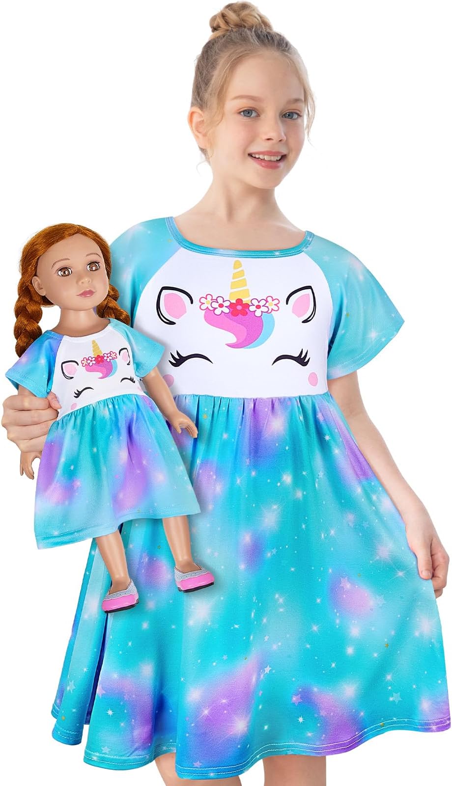 Play Tailor Doll & Girl Matching Nightgown for 18" Doll Clothes Accessories | Doll Not Included, Doll Clothes for 18 Inch Dolls, Birthday Christmas Gift, Soft Breathable Stretch Fabric, Knee Length