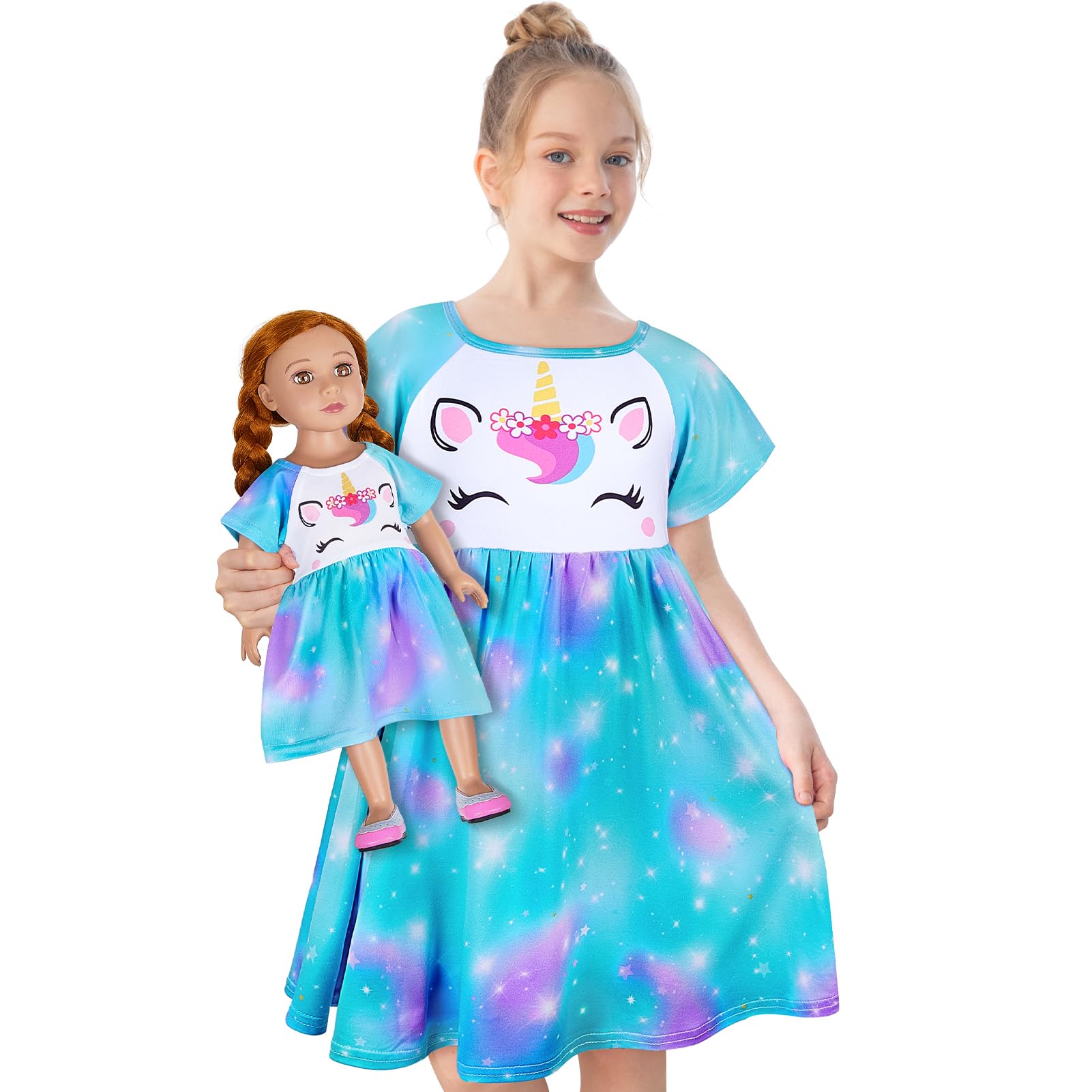 Play Tailor Doll & Girl Matching Nightgown for 18" Doll Clothes Accessories | Doll Not Included, Doll Clothes for 18 Inch Dolls, Birthday Christmas Gift, Soft Breathable Stretch Fabric, Knee Length Colorful Aqua 4-5T
