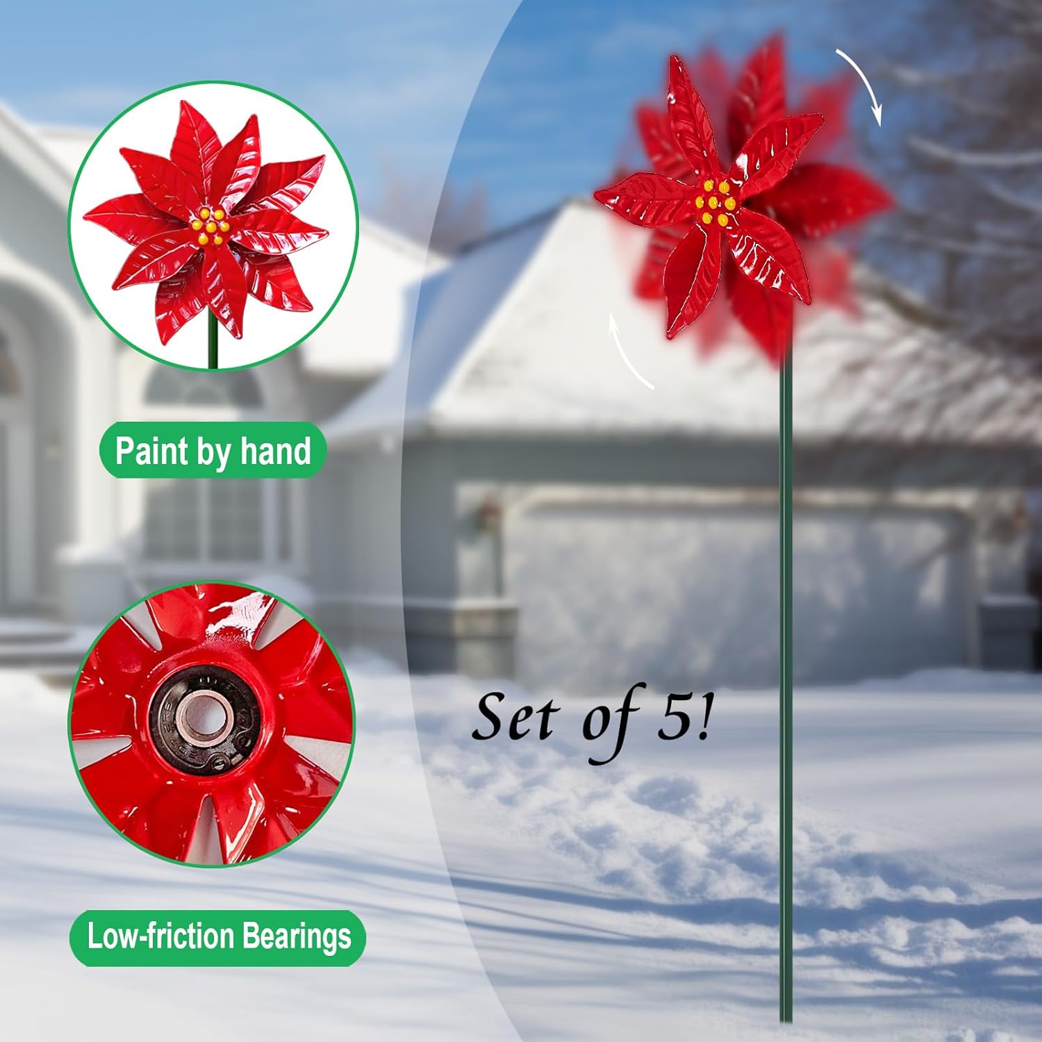 Poinsettia Wind Spinners Outdoor,Christmas Decorations Outdoor,5 Pack Metal Yard Garden Stakes Decor for Outside Lawn Ornament