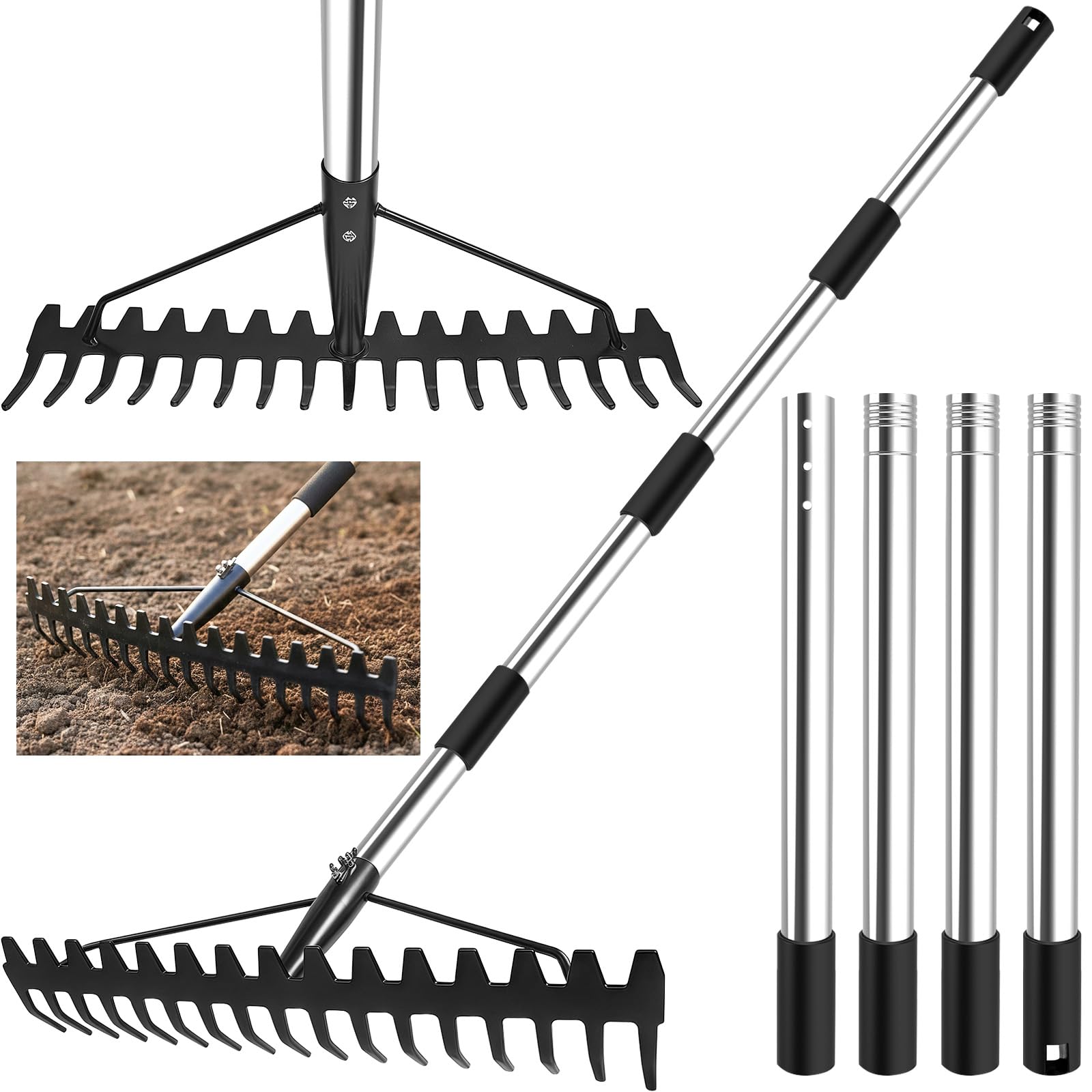 Garden Rake Heavy Duty with 17 Tines, Bow Rakes with Stainless Steel Long Handle, 158 cm Metal Rake for Loosening Soil Leveling Lawn Farming Land, Gathering Leaf Leveling