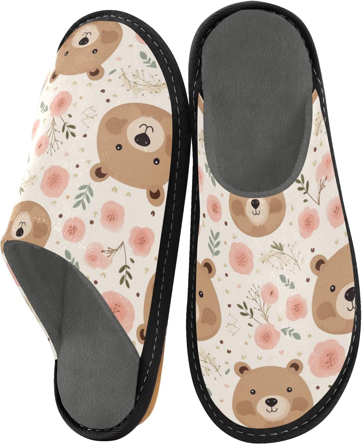 Cute Bear Flowers House Slippers – Cozy Fuzzy Slippers for Guests, Washable & Disposable, Perfect for Shoeless Home, Spa & Hotel Use A112968