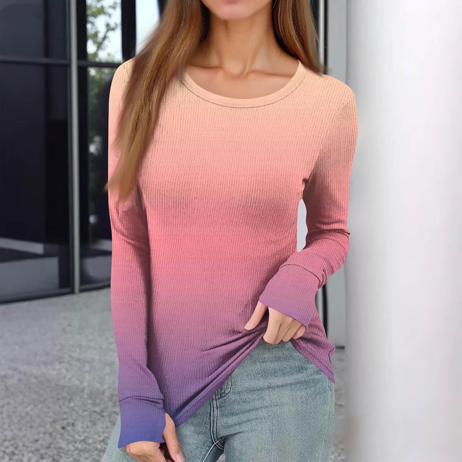 slqdgmryz Womens Long Sleeve Tops Casual Knit Fitted Spring Shirts Basic Lightweight Business Work Blouse with Thumb Holes - Image 2