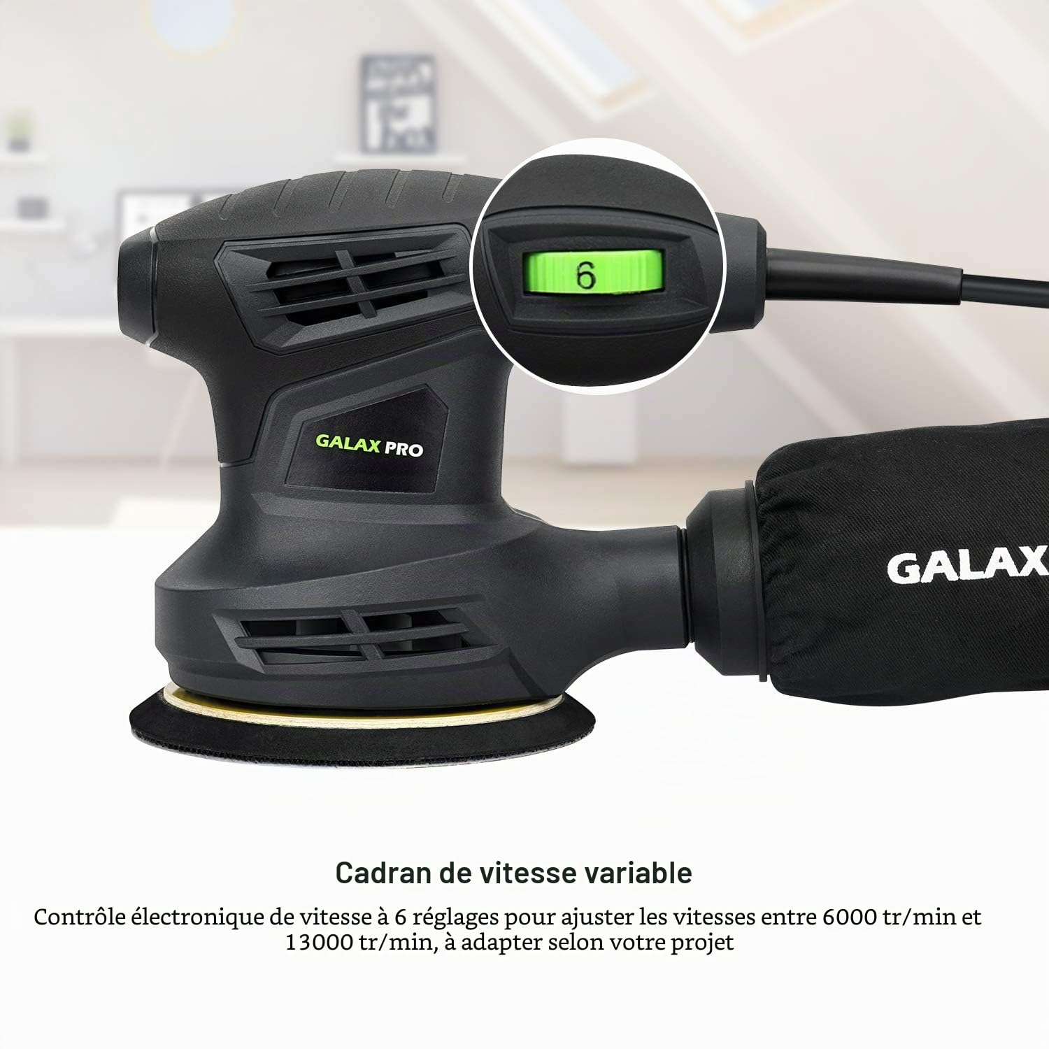 GALAX PRO Ponceuse excentrique filaire 280W, 6 Vitesses, 13000RPM, avec dépoussiéreur et 15 types de papier de verre, Ponceuse orbitale aléatoire, idéale pour les travaux de bricolage