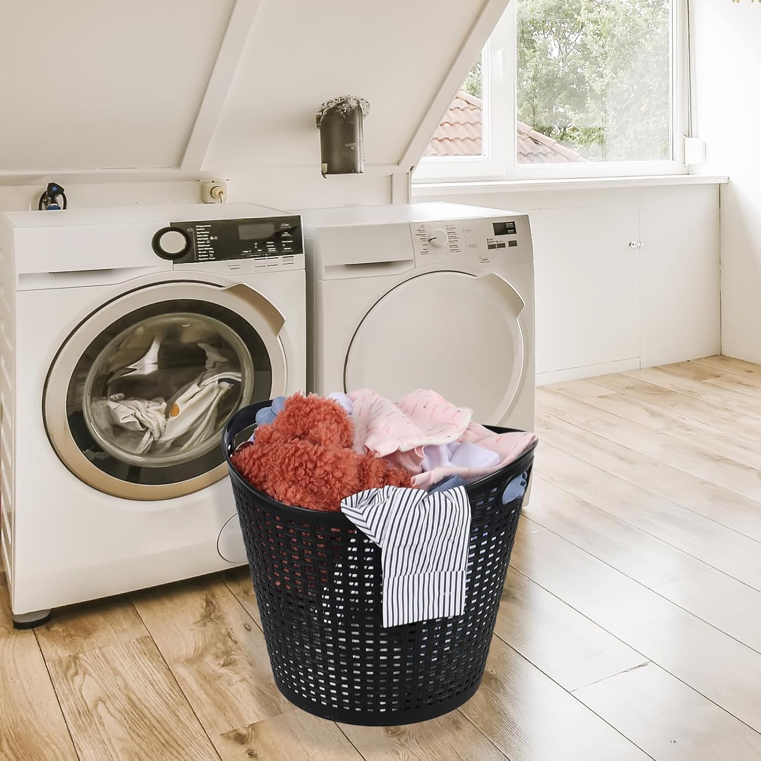 6 Pack 30 Liter Plastic Laundry Hampers, Black Round Dirty Clothes Baskets