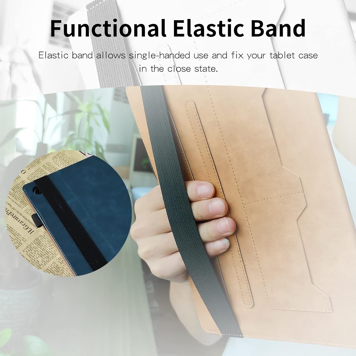 Hand holding the tablet case, showing the functional elastic band securing it.