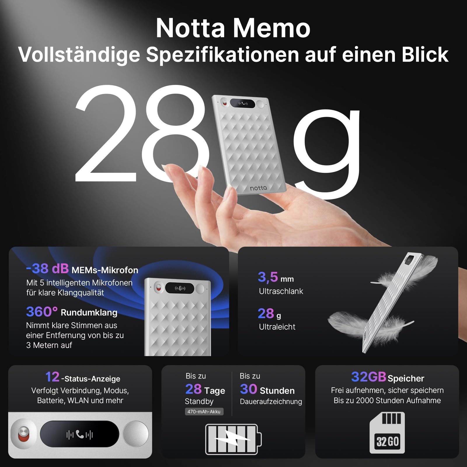 KI-Sprachrecorder, Notta Memo Digitales Diktiergerät(Silber), inkl. Memo MagBridge, KI-Transkription & Zusammenfassung in 58 Sprachen, 2000h Speicher, EIN-Knopf-Aufnahme für Anrufe