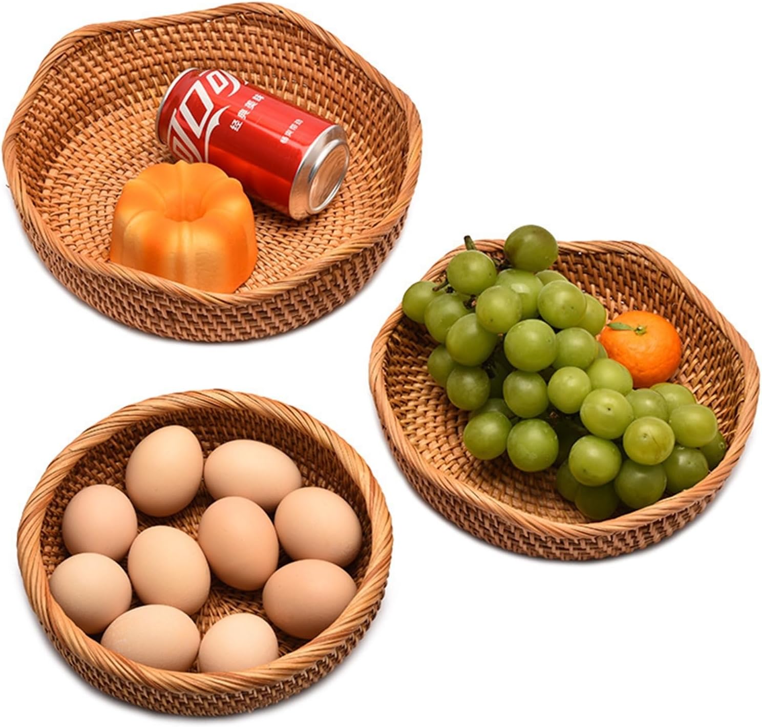 Fruit Bowl Handmade Rattan Round Kitchen Organizer Snack Serving Basket, Wicker Bread Bowl Woven Basket Décor for Nuts with 3”Side and Wavy Edge