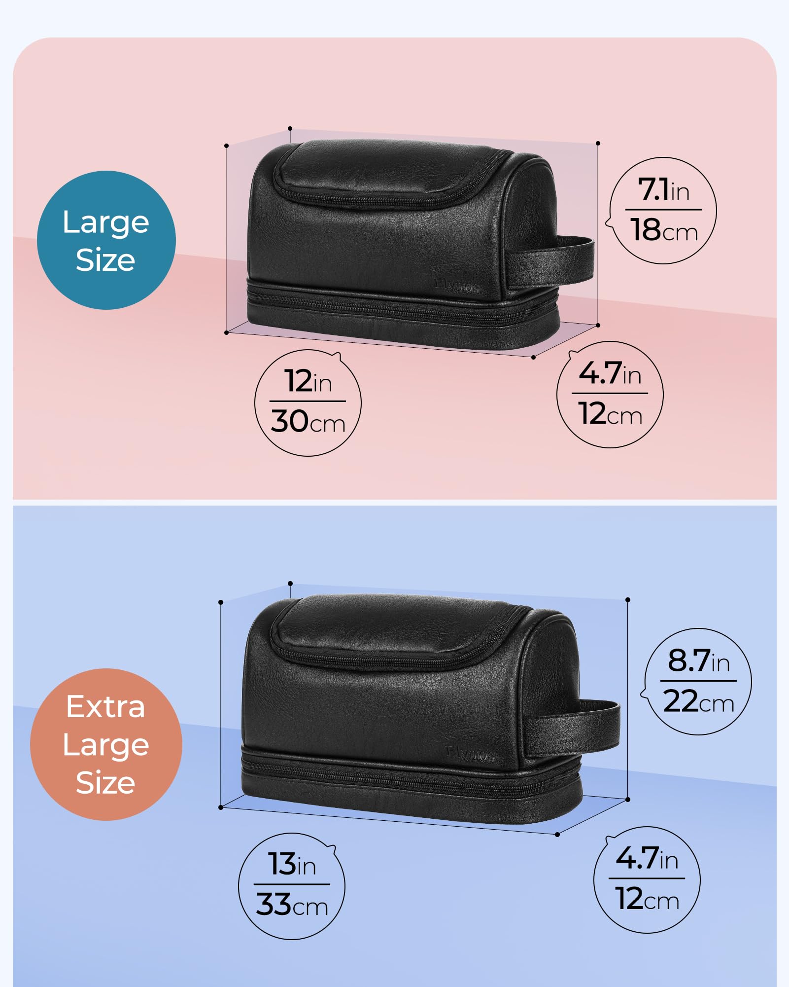 Elviros Beauty case, organizer da viaggio da uomo in pelle con gancio per appenderlo, grande borsa da toilette resistente all'acqua da bagno da donna, nero, Extra Large, Beauty case grande