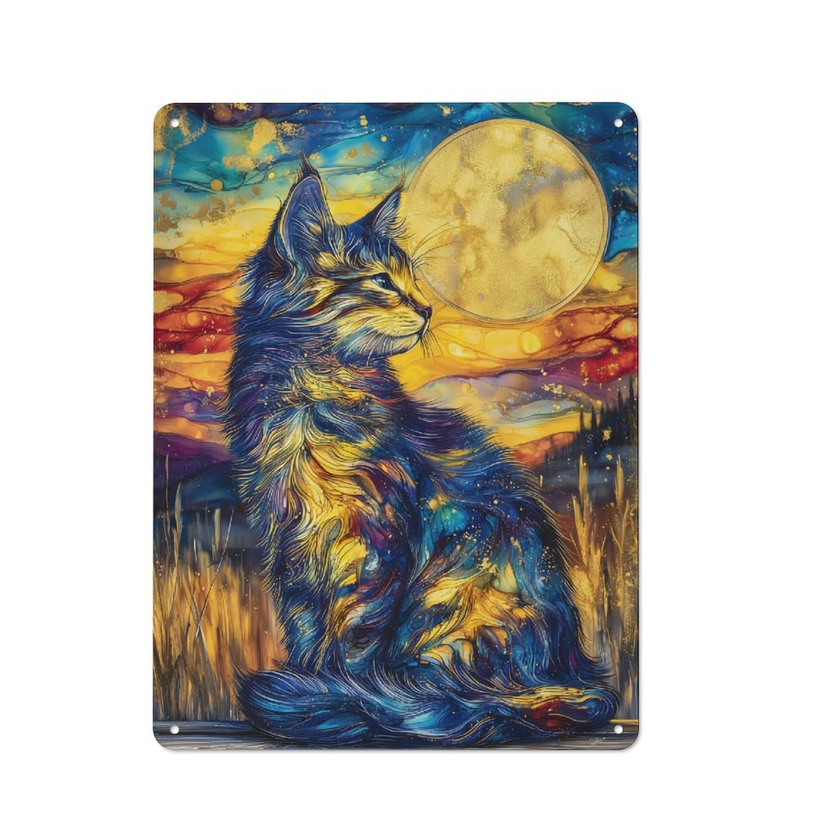 Metal Wall Plaque with Painted Moonlit Cat Majesty Design 40x30cm, Old Fashioned Vintage Wall Decor for Living Room, Hallway, Kitchen Or Cafe