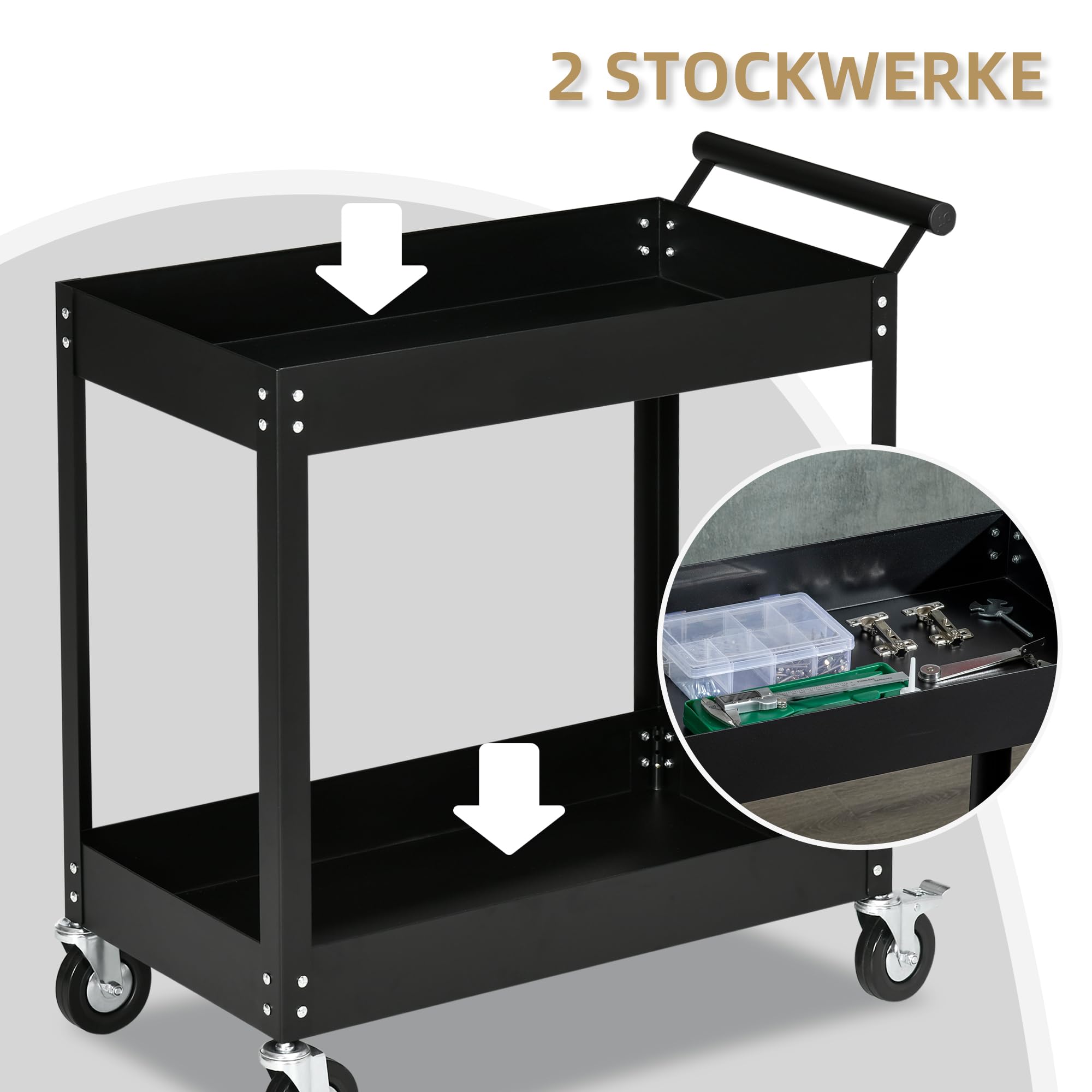 DURHAND Werkstattwagen mit 2 Etagen, Werkzeugwagen leer, Transportwagen, seitlicher Griff, 4 Rollen, Stahl, bis 150 kg Tragkraft, 84,5 x 38 x 84 cm, Schwarz