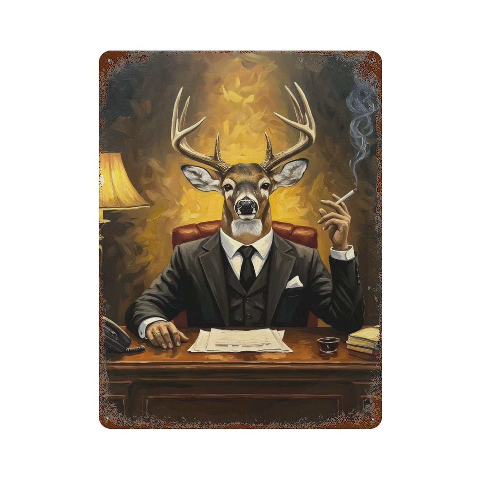 Rust Effect Deer in Suit Painting Rusty Metal Tin Sign 15.7"x11.8", Farmhouse Wall Decor for Shed, Workshop And Garage Wall Decor