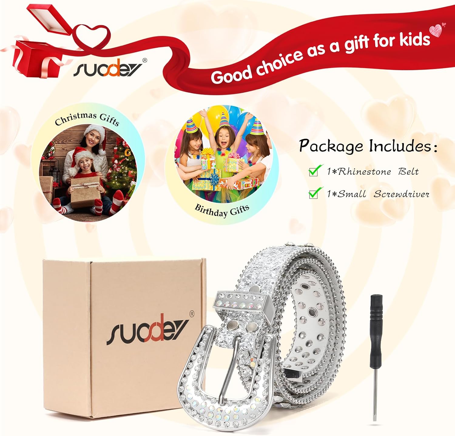 SUOSDEY Kids Rhinestone Western Belt for Girls Boys, Cowboy Cowgirl Diamond Studded Bling Leather Belt
