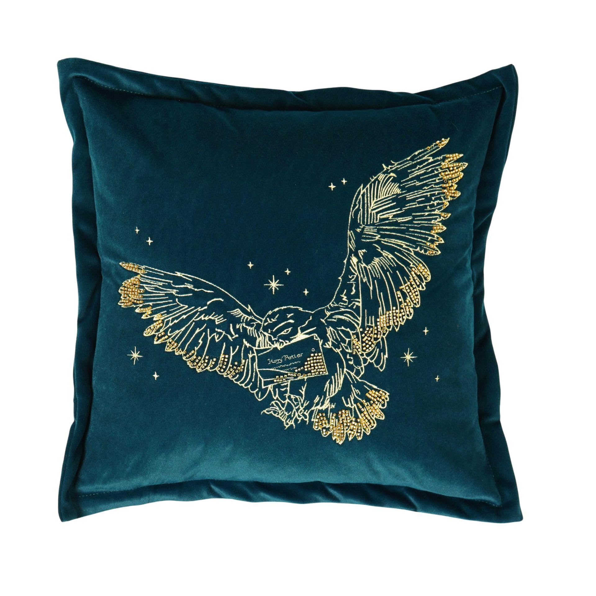 Widdop and Co Harry Potter Hedwig Teal Velvet Cushion 43cm | Square embroidered decorative pillow for sofa, bed, bedroom or reading corner, featuring Harry Potter's snowy owl