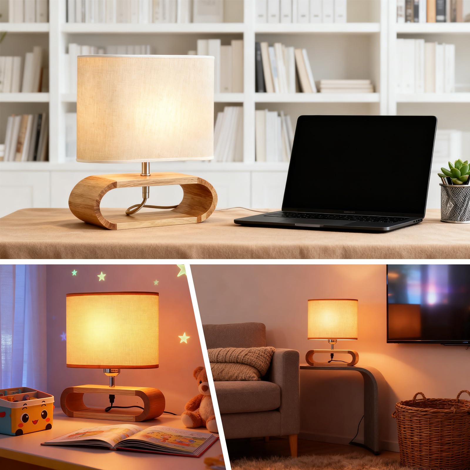 Lampada da comodino in legno, lampada da tavolo con attacco E27, lampada in legno con paralume in lino, stile country, illuminazione vintage per camera da letto e soggiorno, beige | Moderna lampada da