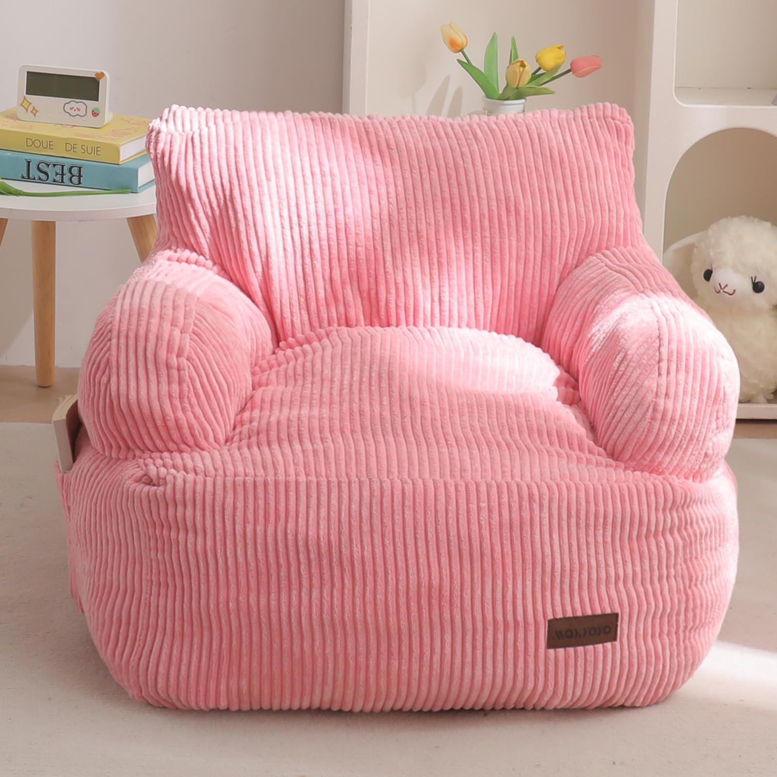 MAXYOYO Kids Bean Bag Chair, Stuffed Toddler Bean Bag Sofa with Filler Bean Bag Chair for Boys and Girls, Lazy Sofa with Pocket Floor Chair for Gaming, Reading, Pink
