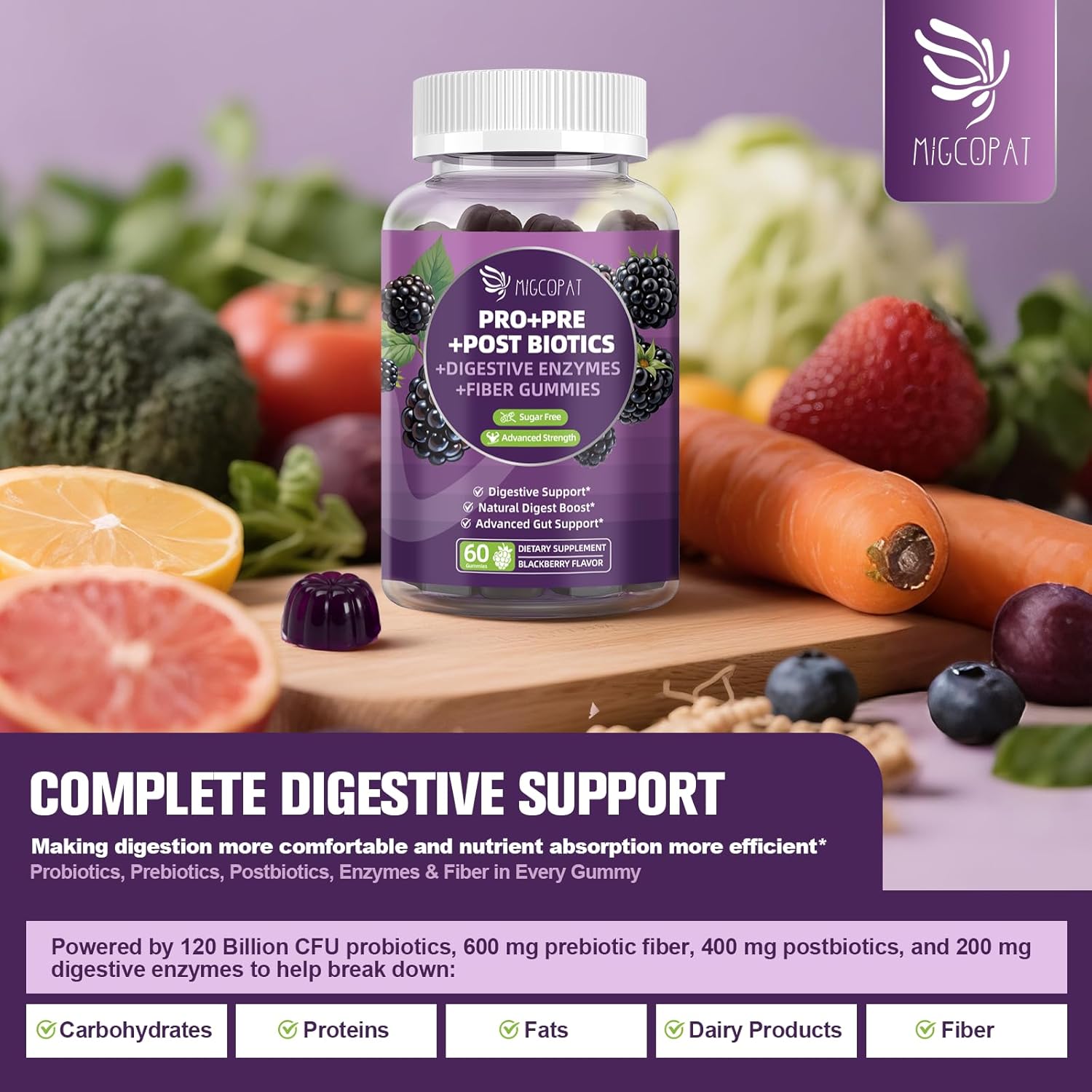 Migcopat Pre Post Probiotics Gummies, Probiotic Prebiotic Postbiotic Digestive Enzymes with Fiber, 120 Billion CFU Probiotics Complete Gut Support, Sugar Free, Vegan, BlackBerry Flavor, 60 Cts