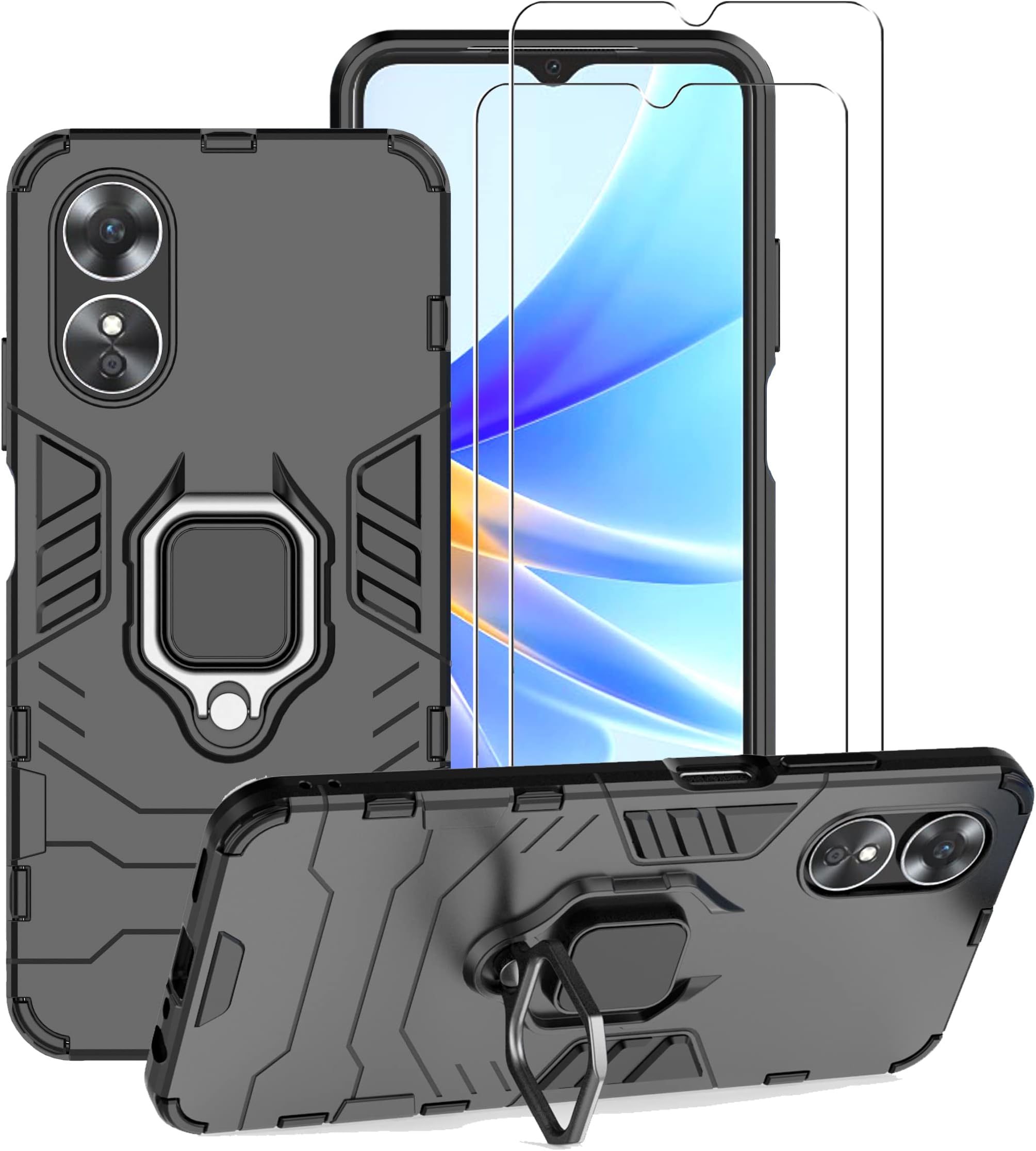 ZMONE Phone Case for Oppo A17 Case with Glass Screen Protector [2 Pack] Heavy Duty Dual Layer Military Grade Shockproof Protective Cover with Magnetic Ring Kickstand - Black