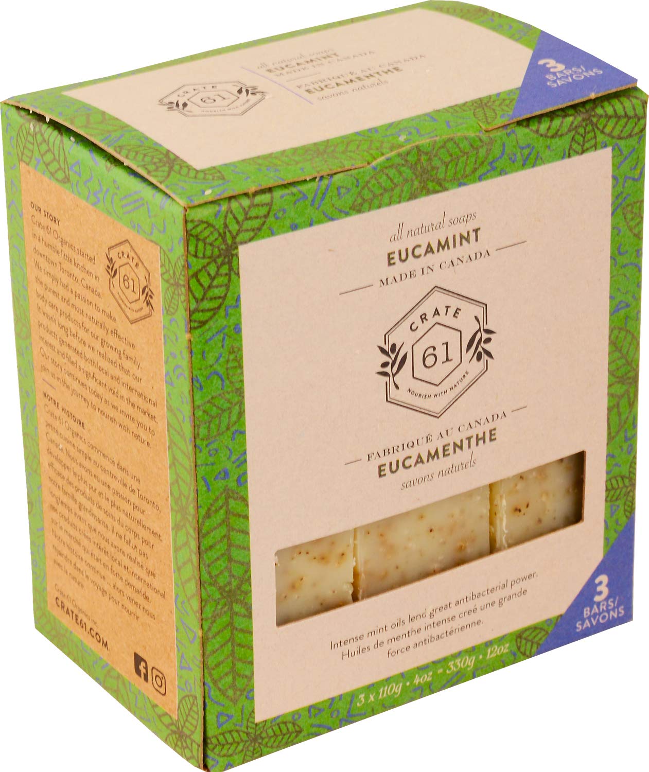 Crate 61 Eucamint (Eucalyptus & Peppermint) Soap 3 pack, 100% Vegan Cold Process, scented with premium essential oils, for men and women, face and body. ISO 9001 certified manufacturer : Beauty & Personal Care