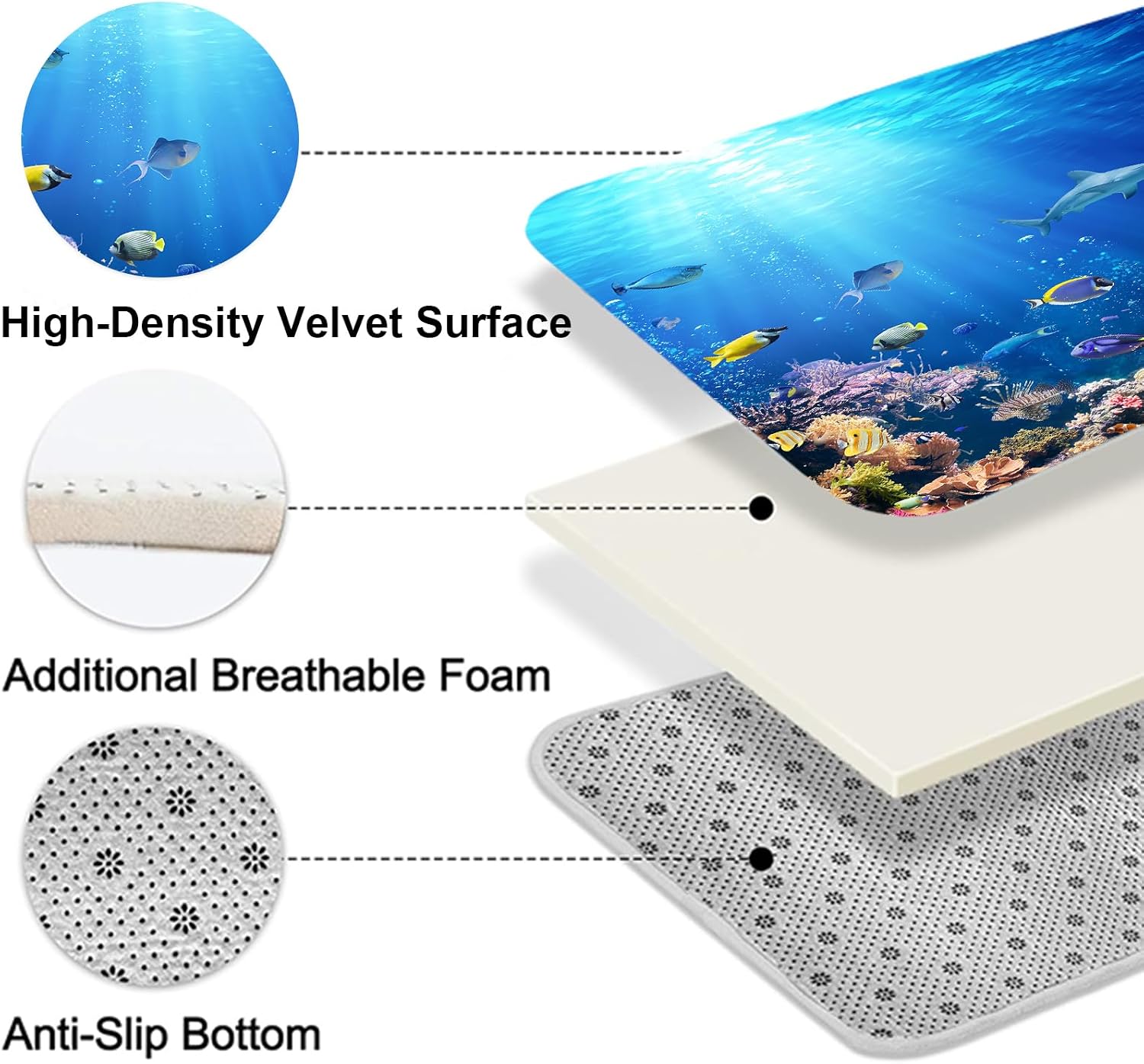 4Pcs Sunlight Sea Fish Bathroom Sets with Rugs, Shark and Turtle Print Machine-Washable Shower Curtain, Bluey Ocean Theme Bath Accessories Sets for Bathroom, Set de baño completo, 12 Pcs Hooks