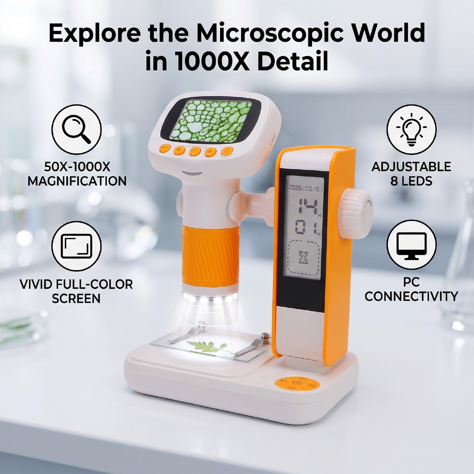 Annadue USB-Mikroskop für Kinder, Tragbares Handmikroskop 1000X mit Einstellbaren LED-Leuchten, Kabelloses Taschen-Miniskop für das Lernen von Naturwissenschaften, Biologie Im Sch