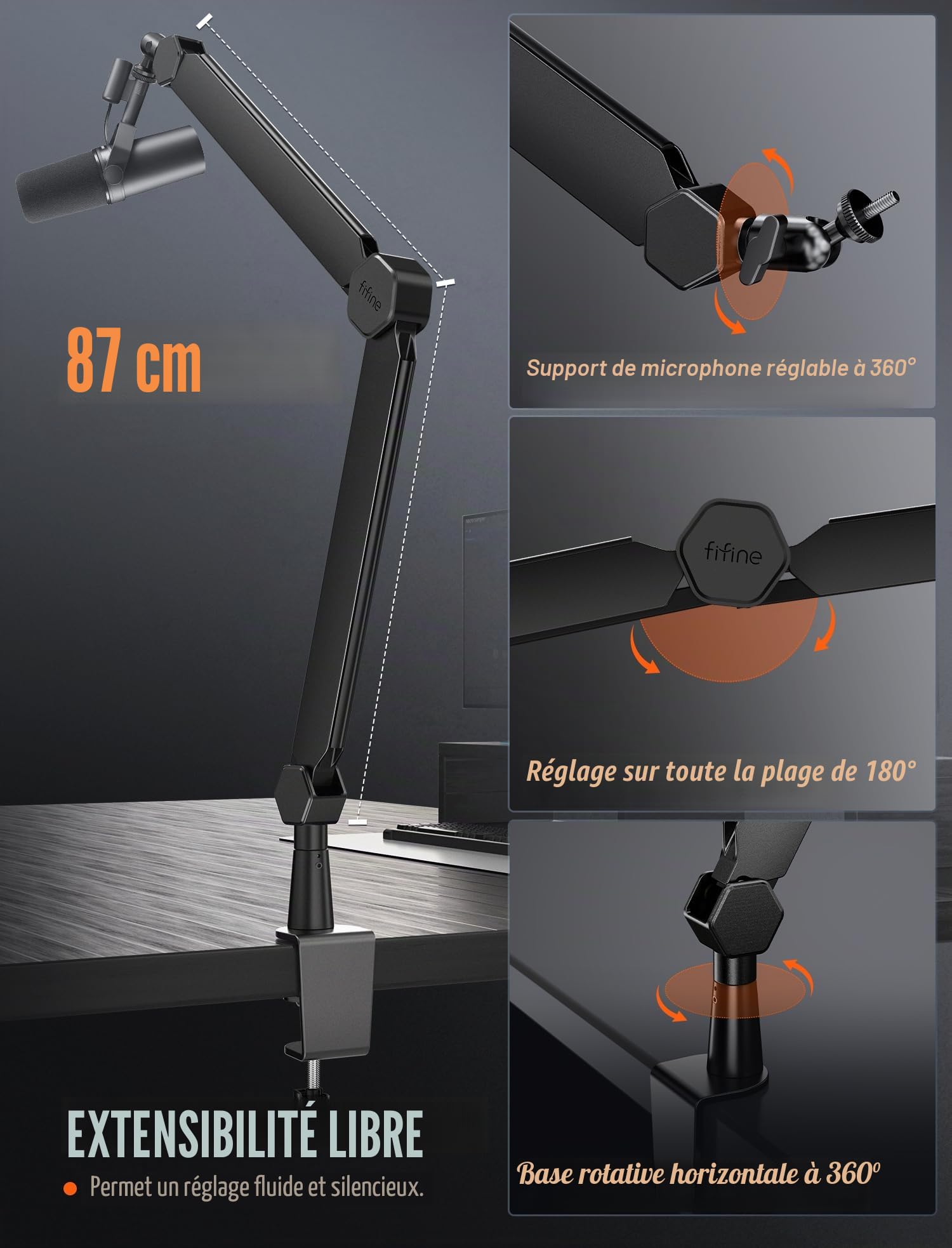 FIFINE BM66 Bras de micro avec canal de gestion des câbles, entièrement réglable, support de micro en métal robuste avec pince de fixation de bureau pour enregistrement de podcast, bureau à domicile
