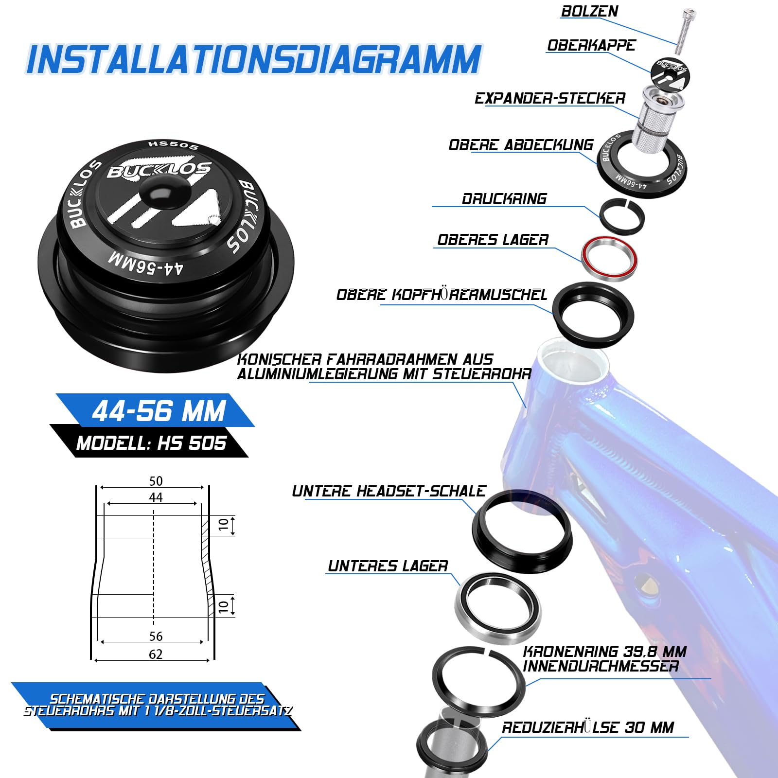 1-1/8 Fahrrad-Steuersatz MTB Gewindefrei 34 44 44-55 44-56 mm, gerades konisches Rohr Mountainbikes Rennrad Doppelt abgedichtete Lager Steuersätze, für Rahmen Gabel-Expander-Stopfen Sternmutter
