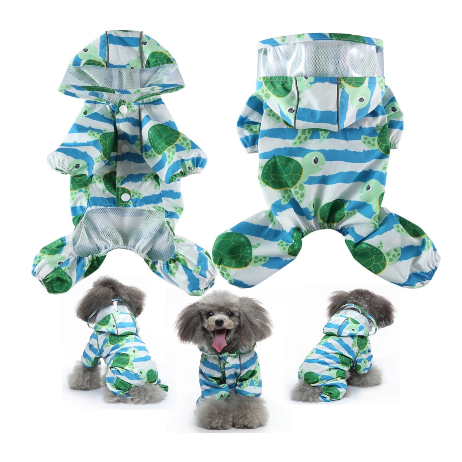 Dog Raincoat with Hood, Waterproof & Windproof Rain Jacket for Small Dogs Boy Girl, Packable, Adjustable, Funny Animal Pattern Raincoats with Legs 1.5kg to 8kg Available (Light Blue,S)