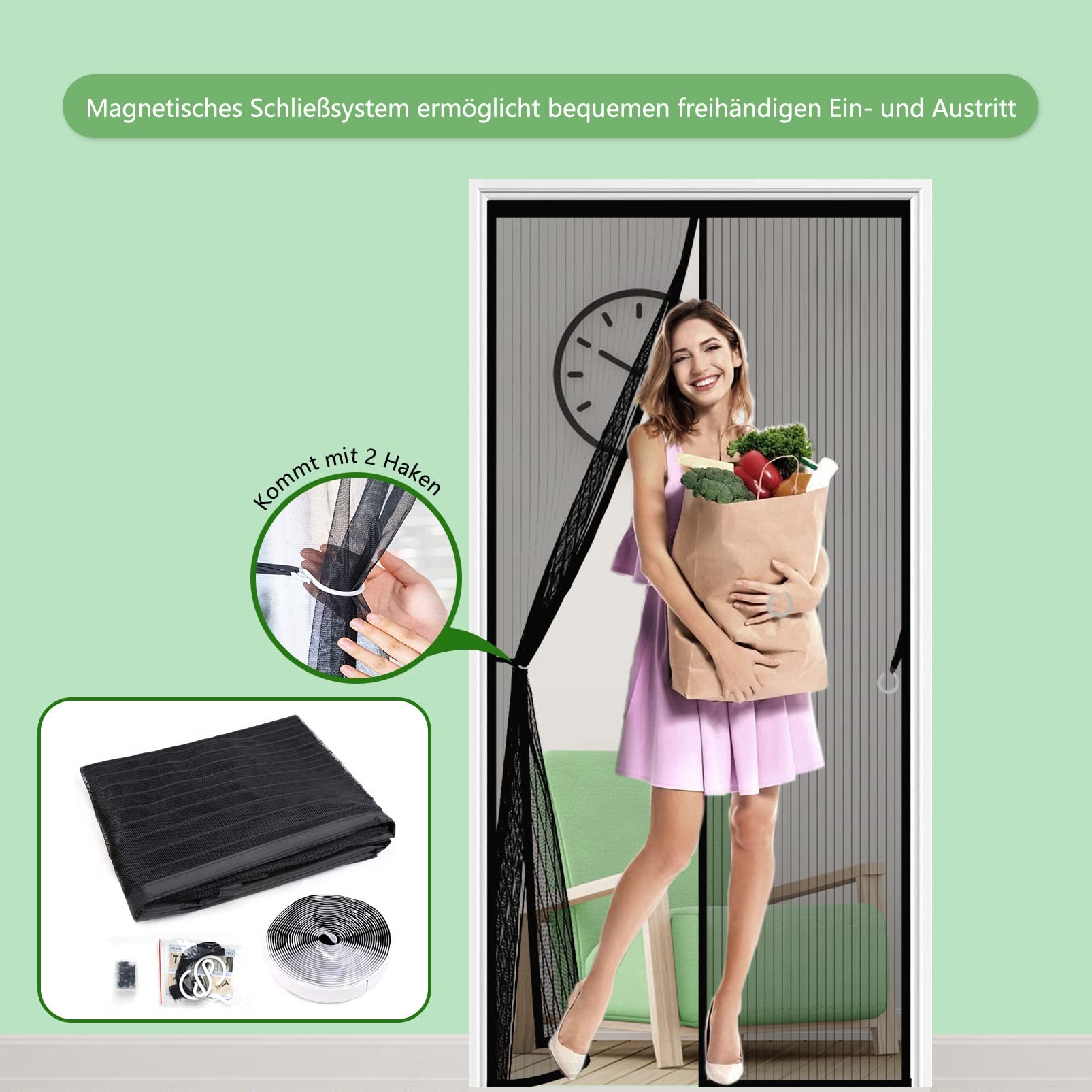 Fliegengitter Tür Magnet Balkontür, 210x210cm Insektenschutz Fliegengitter Balkontür Klettverschluss für Balkontür Terrassentür Wohnzimmer, Schwarz A