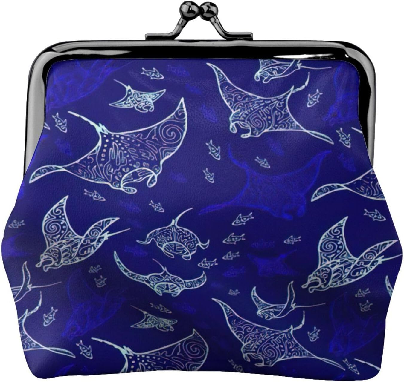Manta Ray And Fish Print Small Change Purse For Women Kiss-Lock, Cute Pu Leather Coin Pouch Wallet