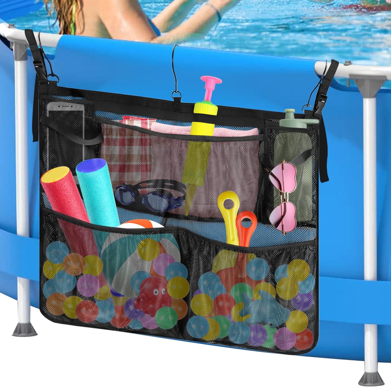 Panier de Rangement de Piscine, Sac Pochette en Maille Réglable au Bord de Piscine avec 5 Poches, Organisateur Accessoire de Piscine, Convient à 5 cm Moins Rail Supérieur, Noir