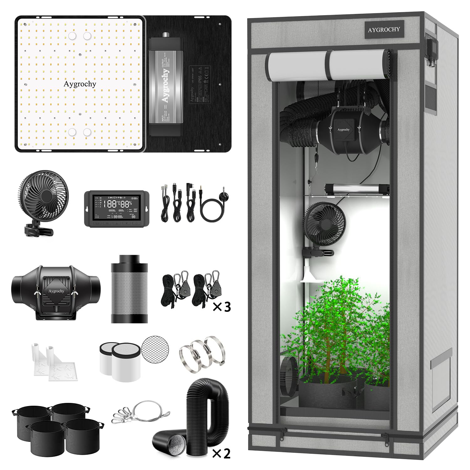 Aygrochy Set completo con controller integrato centrale. Piano di circolazione automatico di ventilazione, lampada a LED a spettro completo, 60 x 60 x 160 cm, PEVA ad alta riflettività Grow Box