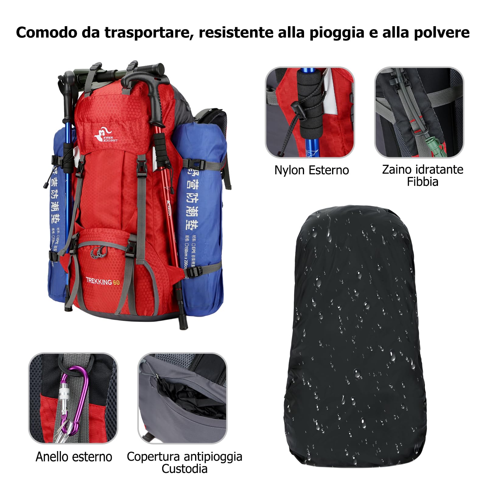 60L Zaino da Trekking Zaino Grande Impermeabile Zaini con Copertura per la Pioggia Donna Uomo Backpack per Escursionismo Campeggio Arrampicata Viaggio Turchese