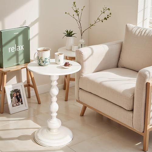 Mesa auxiliar redonda pequeña de metal, mesa de noche vintage para espacios pequeños, mesas de pedestal modernas para sala de estar, dormitorio,