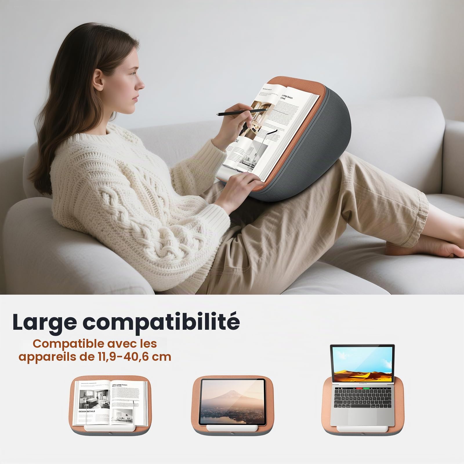 Tounee Support de lecture - Coussin beanbag ultra doux pour livres/tablettes - Lecture sans main lit/canapé - Réduit tension cervicale - Idéal lecteurs & tablettes - Gris