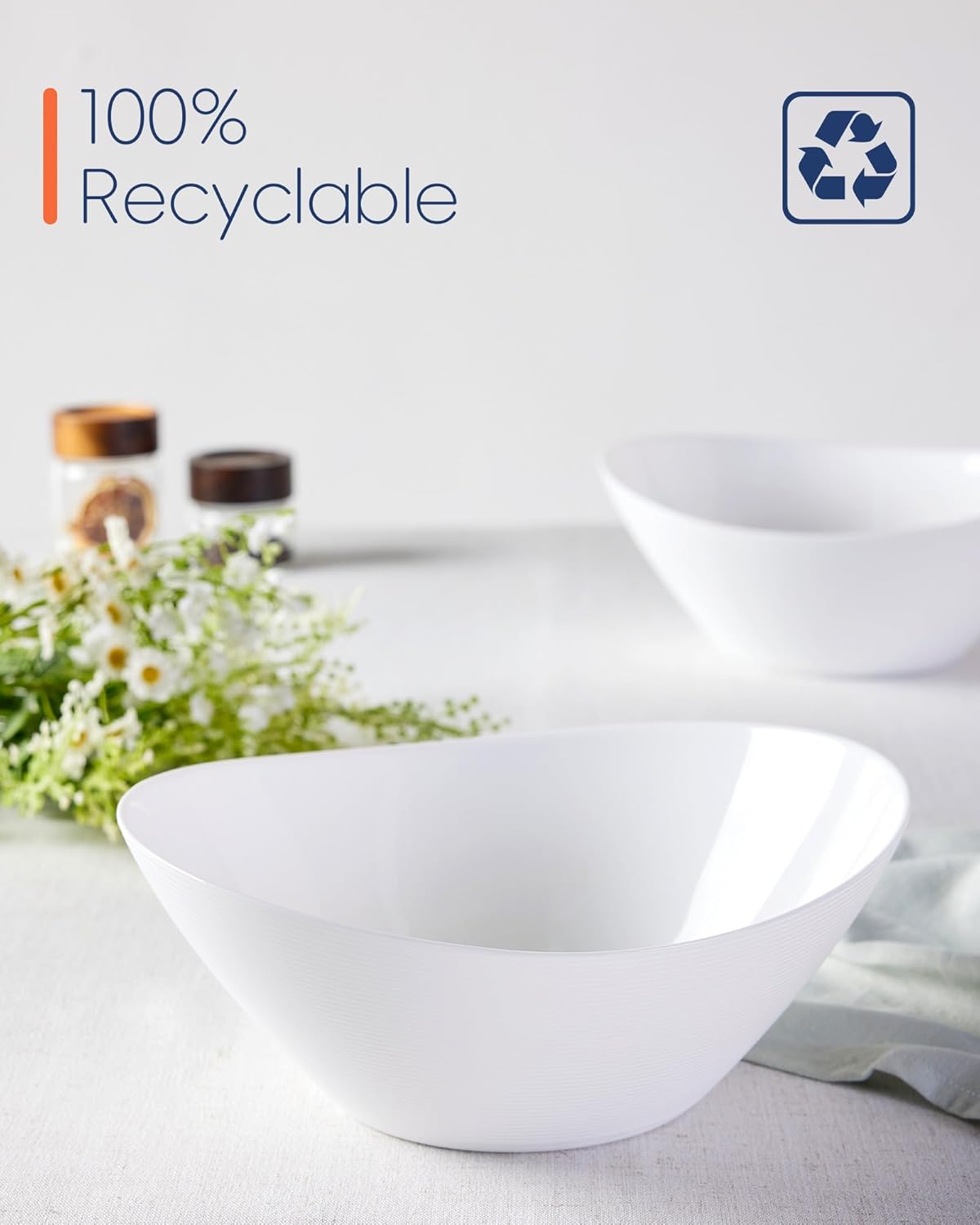 66 OZ Salad Bowl Set of 2, Opal Glass 10 inch Lightweight Serving Dishes for Salad, Fruit, Kitchen Microwave & Dishwasher Safe, Oval Shape White - Image 7