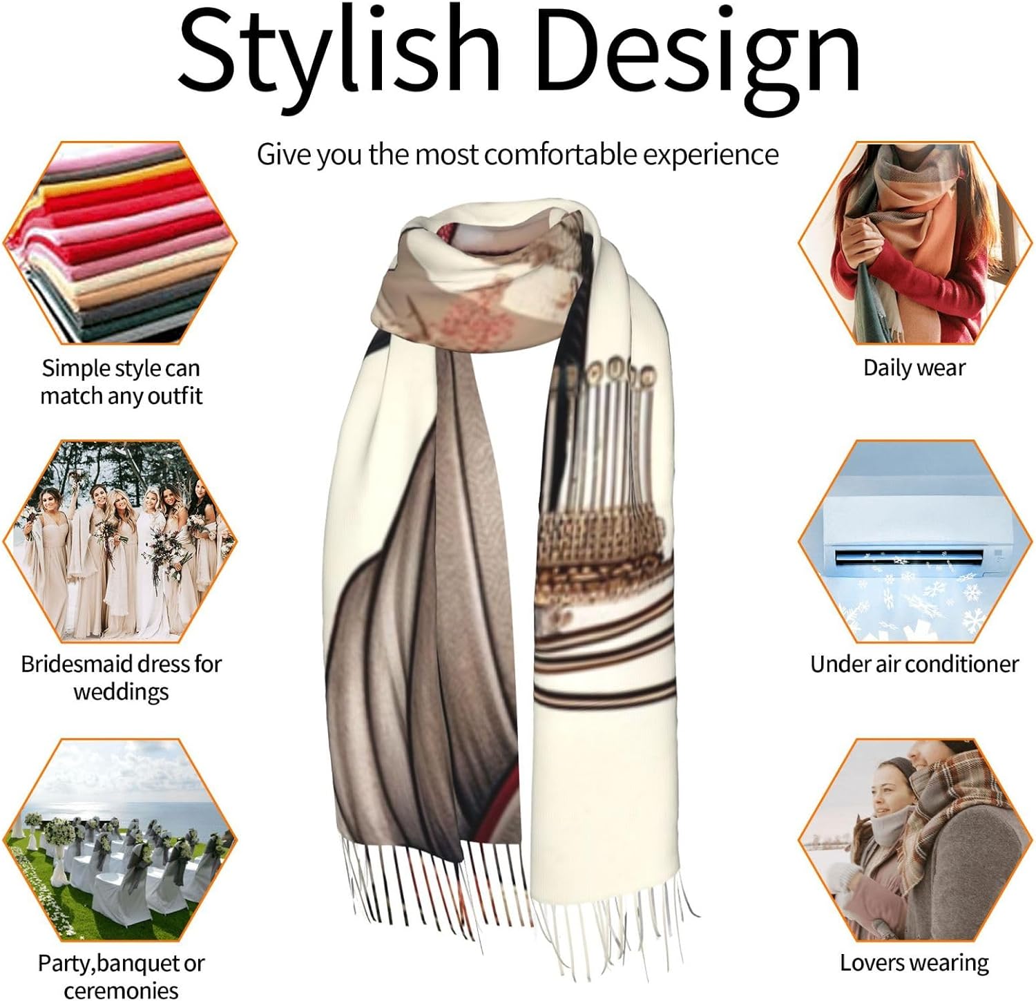 77x27 Inch Japanese-Geisha Warm Winter Shawl Wrap For Women With Tassel Fringe, Single-Sided Printed Cozy Blanket Scarf For Cold Weather
