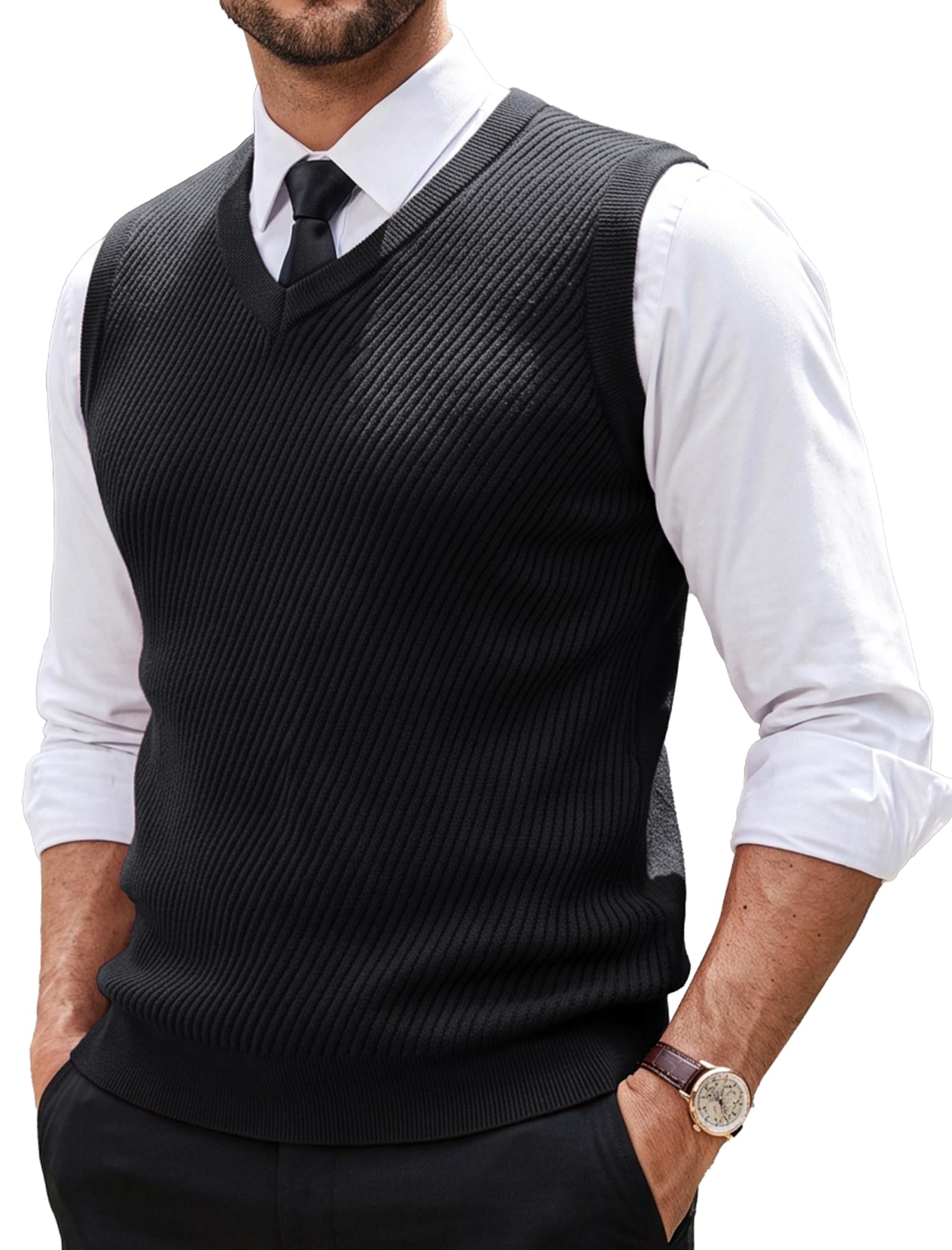 HASELPEAK Men's Sweater Vests Twill Textured Casual V-Neck Sleeveless Vest | Soft,Breathable,Fashion,Comfy,Stretchy,Warm,Business Casual for Shirt and Tie Underneath,Perfect for Office,Work,Dates,School