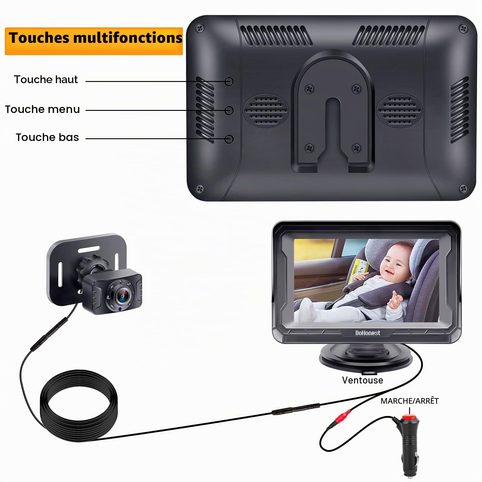DoHonest Caméra de voiture pour bébé HD 1080p avec écran – Siège de sécurité enfant Miroir de voiture pour bébé pour visage arrière 5 minutes Installation facile Vision nocturne V33